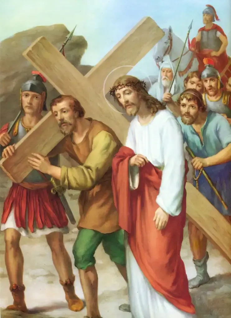 Quinta Estación: El Cirineo ayuda a Jesús a llevar la cruz.